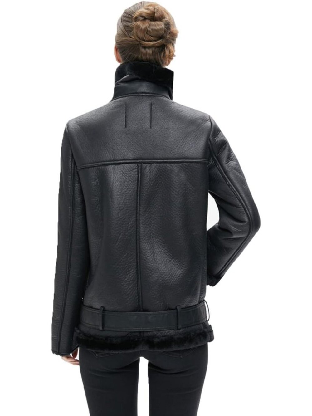 Women's Black Polyester Faux Shearing Moto Thick Lined Winter Leather Jacket - Picture 5 of 5